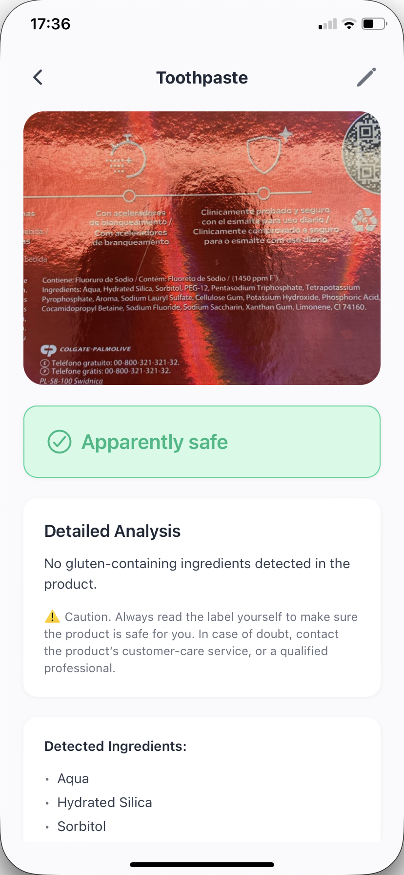 AllergenFinder allergen profile configuration screen for celiac and food allergies
