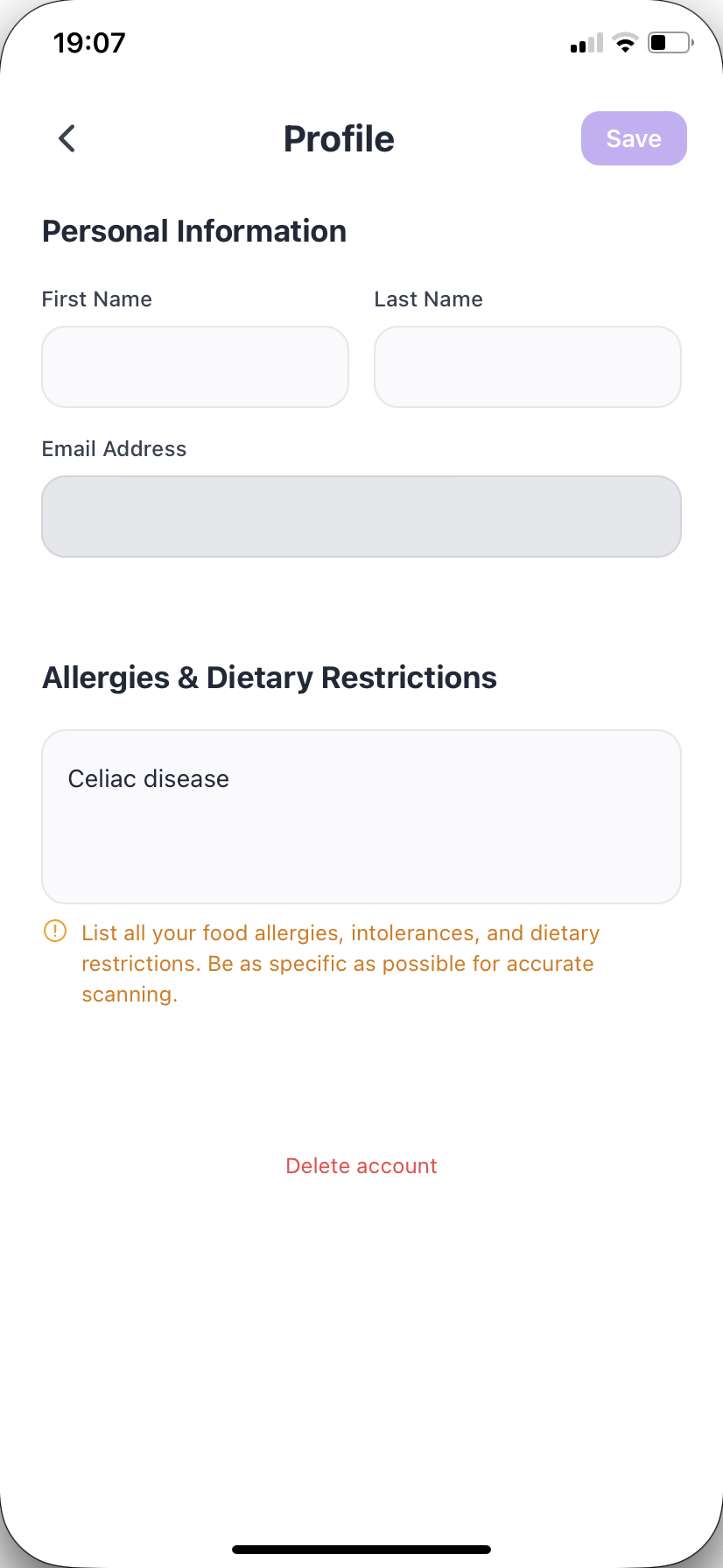 AllergenFinder saved scans history showing safe and unsafe products