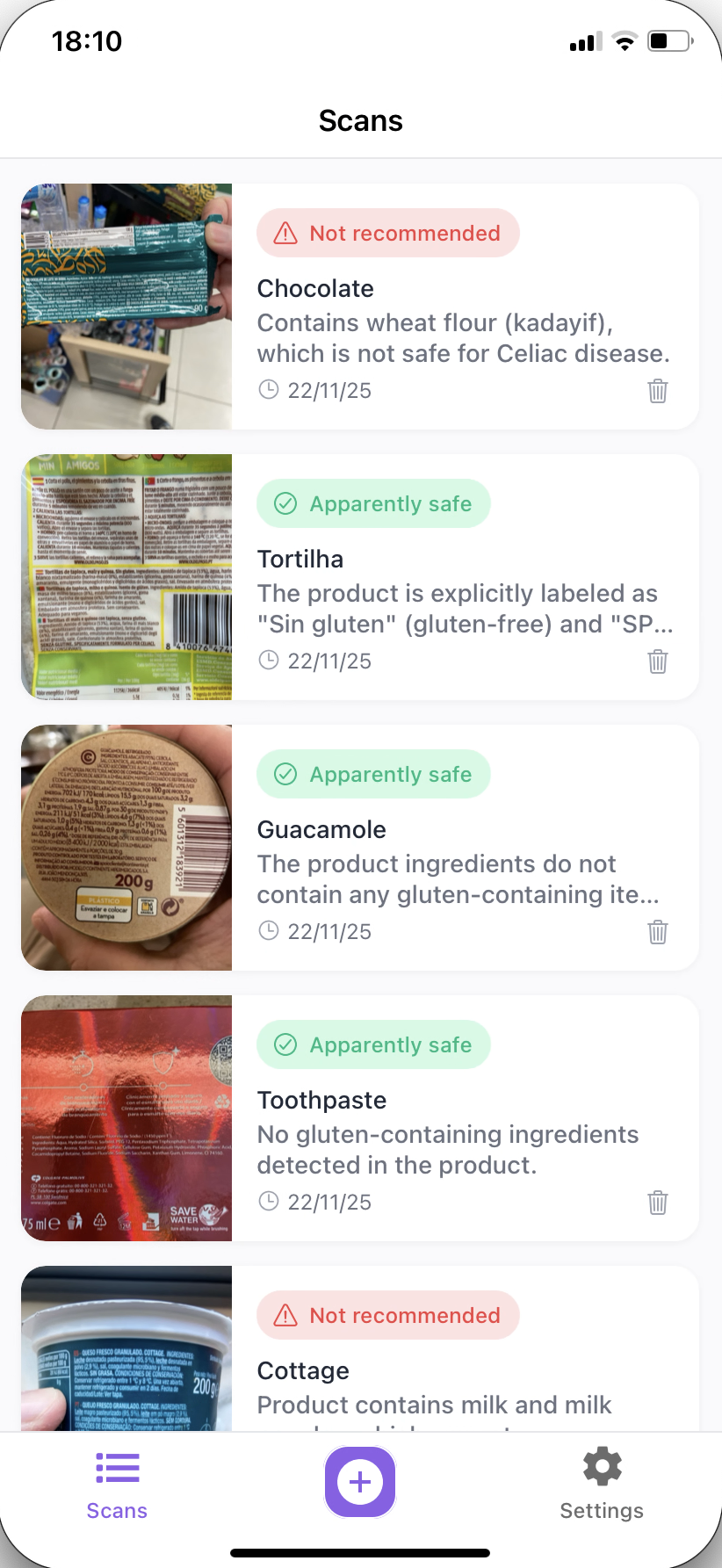 Screenshot dell’app AllergenFinder